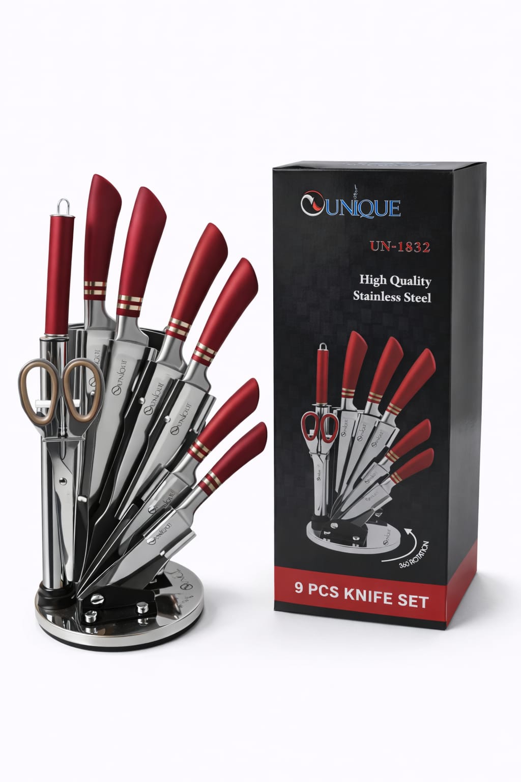 9-teiliges Messerset mit Drehständer Rot